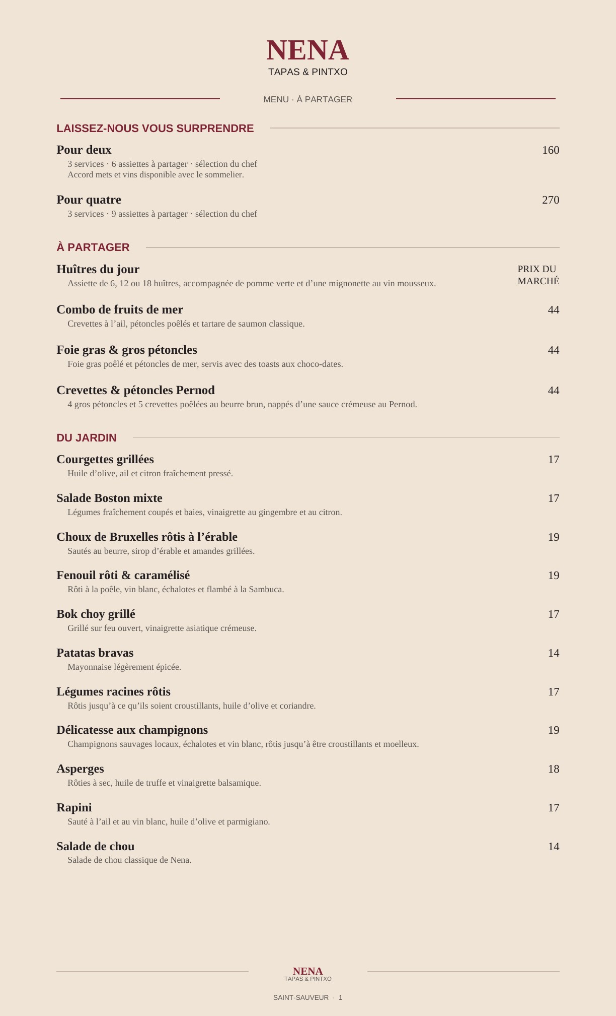 Menu Tapas Nena, page 1 : à partager et plats du jardin